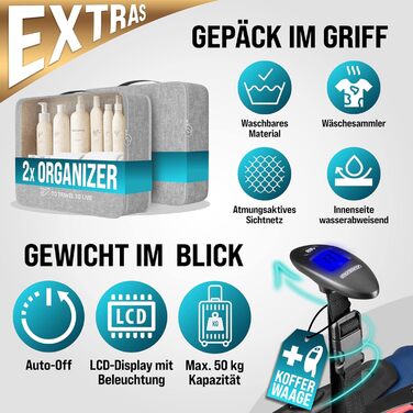 Набір валіз MONZANA® 4шт з органайзером, вагами, ременем, гелевими ручками, колесами та підставкою. Чотири розміри (S, M, L, XL). Валіза-тролей, жорсткий корпус, блакитний колір.