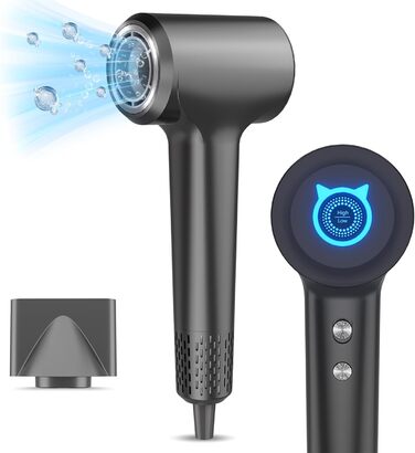 Föhn Ionen Supersonic Hair Dryer: 200 Million Negative Ion Hair Dryer with Quiet, Fast 110,000 RPM Motor, 57dB, Intelligent Thermostat for Travel - Dark Gray