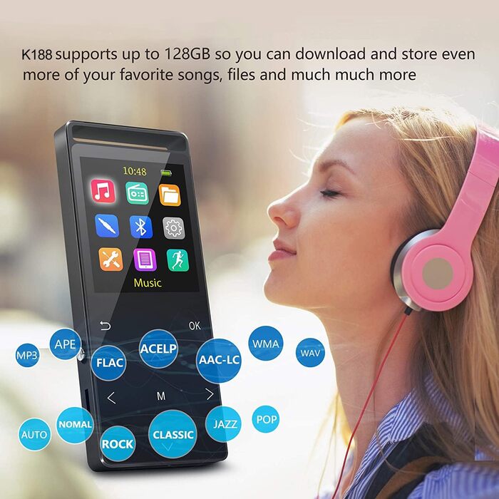 MP3-плеєр 64GB MUSRUN з Bluetooth, HiFi, AUX-запис, FM-радіо, чорний матовий