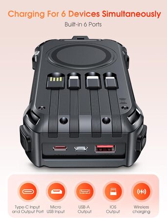 Портативний зарядний акумулятор 26800mAh з сонячною панеллю, 30W PD, 15W Wireless, 3 порти, ліхтарик, для телефонів та планшетів, чорний