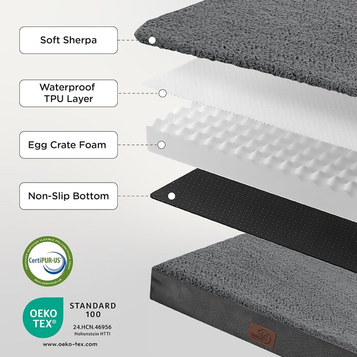 Ортопедичне ліжко для собак BEDSURE - великі породи, 112x81x8 см, м'яке, миється, сірого кольору