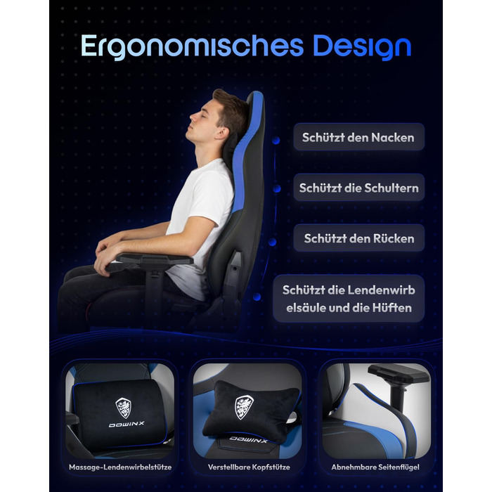 Ігровий крісло Dowinx з 4D підлокітниками, функцією гойдання 15° та регулюванням спинки до 165°, масажний, ергономічний, дизайн у стилі гоночного авто, для геймерів, Esport, максимальне навантаження 135 кг (блакитний)