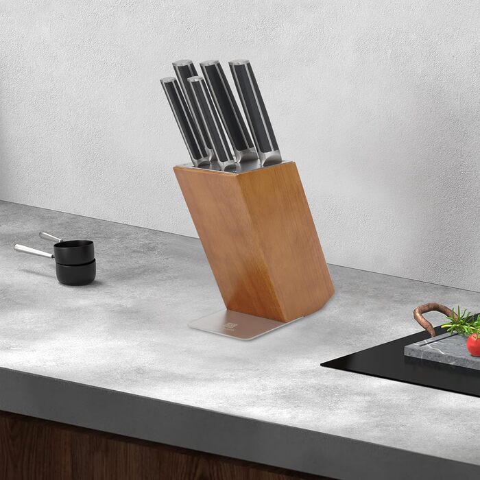 Набір ножів у блоці 13 предметів з нержавіючої сталі з ергономічними ручками, набір кухонних ножів для кухні, дерев'яний блок з шкіряним ремінцем