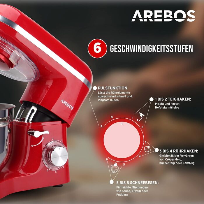 Arebos Kitchen Machine 1500W with 6L Stainless Steel Mixing Bowl | White-Rose Gold | Includes Dough Hook, Beater, Whisk | Splash Guard | 6 Speeds | Stand Mixer | Dough Machine