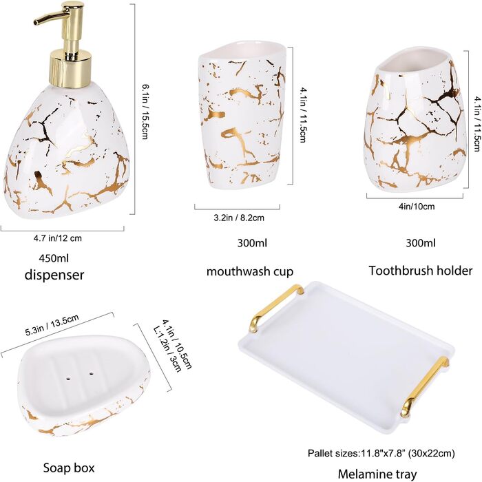 Bathroom Accessories Set, Gold Marble Look, Modern 6-Piece Bathroom Accessories Set, complete with soap dispenser, toothbrush holder, cup, tray, countertop (White Gold)
