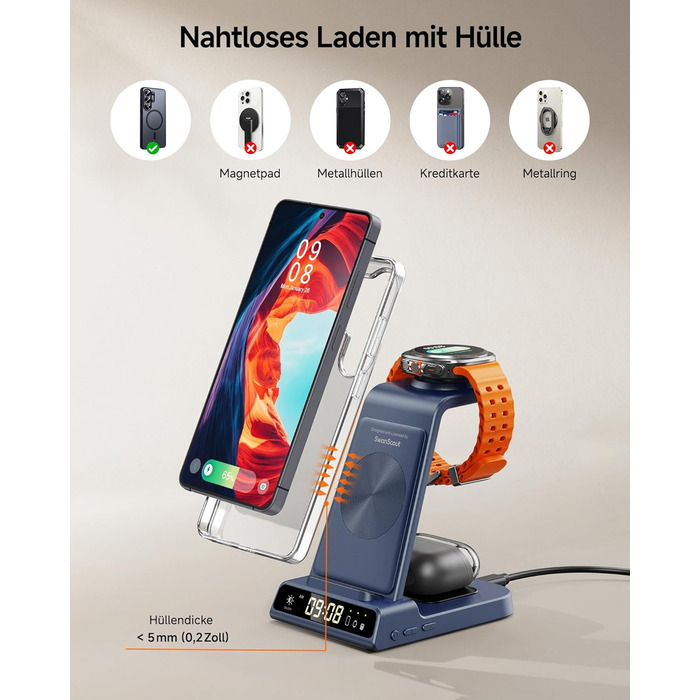 Бездротова зарядна станція 3-в-1 для Samsung Galaxy S26 Ultra, Watch 8/Ultra/7/6/5, Buds 4/4 Pro (Блакитна) - Швидка індуктивна зарядка