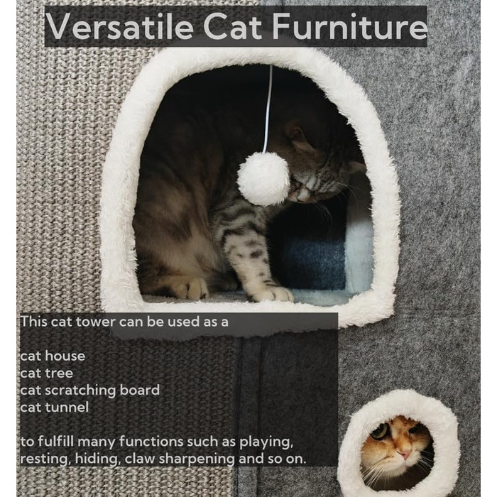 Spindro Cat Cave Cat Bed Large, Cat House Indoor Cat Sleeping Place with Removable Sherpa Cat Cushion and Hanging Toy, Cat Bed, Light Grey 42x42x33cm (4 level (42cmx32cmx84cm), Grey)
