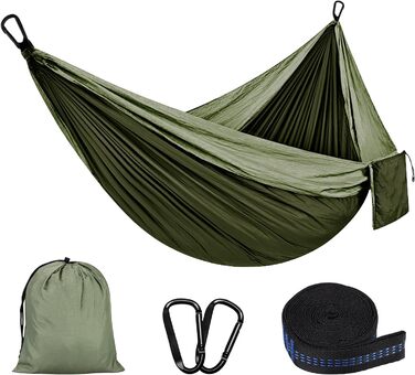 Гамак для відпочинку на природі та кемпінгу: міцний, ультралегкий, для одного або двох, 300 кг, 200 x 300 см, нейлон, зелений (хакі)