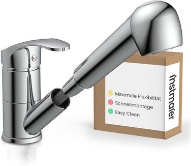 Кухонний змішувач Instmaier з висувною лійкою та душовою насадкою | Хром | Змішувач для кухні з 2 режимами струменя | Однорідний змішувач | Кухонний кран з поворотним виливом | Високий тиск