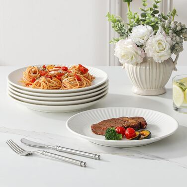 Набір посуду MALACASA LEILA на 6 осіб, 24 предмети: тарілки, миски, посуд з порцеляни з ручним рельєфним дизайном, безпечний для мікрохвильової печі та посудомийної машини, білий