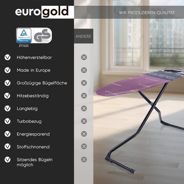 Прасувальна дошка EUROGOLD® Premium 120x42 см з турбопокриттям та полицею - стабільна, регульована по висоті, з бавовняним покриттям (рожева)