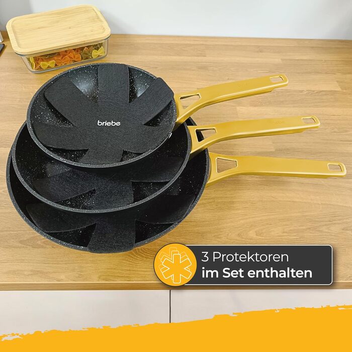 Набір сковорідок Briebe Gold Titanium Set (3 шт.) з титановою поверхнею, антипригарне покриття, для індукційних плит, діаметр 18-20-24 см, коване алюміній, без PFOA, професійні ручки з нержавіючої сталі, сумісний з газовими та склокерамічними плитами