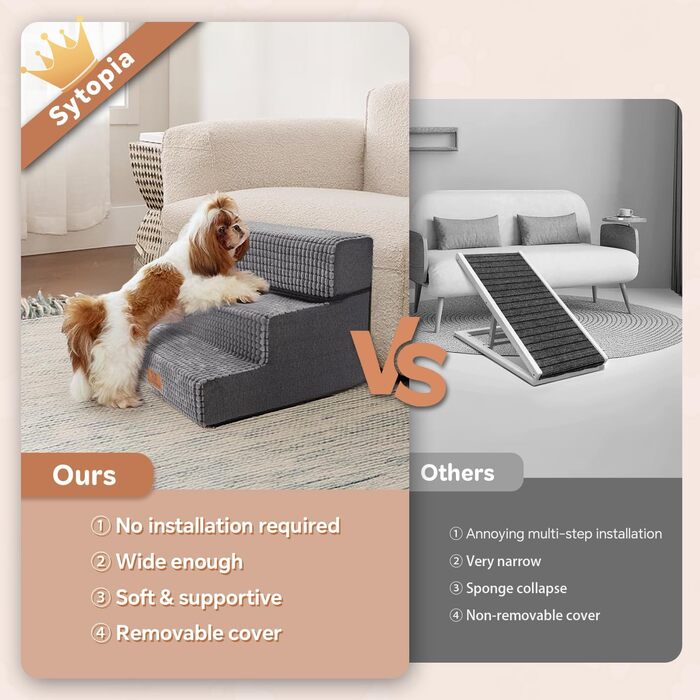 Sytopia Dog Stairs 40 cm high, 3 steps, Dog stairs for bed, sofa for small dogs, pet stairs washable, foam stairs, for injured older dogs (34cm height, Grey) (3 steps dog stairs (H:34CM), Foam (High-Density Memory) and Maize Velvet)