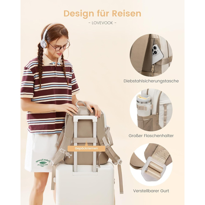 Шкільний рюкзак LOVEVOOK для дівчаток-підлітків, 15.6 дюймів, з відділенням для ноутбука, легкий, з помпоном, для школи, середньої школи, світло-жовтогарячий (15.6 дюймів, Y-бежевий світло-фіолетовий)