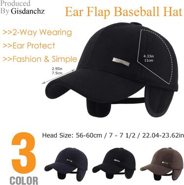 Зимова шапка-кепка Gisdanchz 22-23 з навушниками та металевою застібкою, 56-60 см, чорна