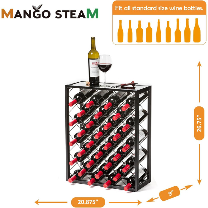 Винний стелаж Mango Steam на 32 пляшки з верхньою скляною полицею, чорний