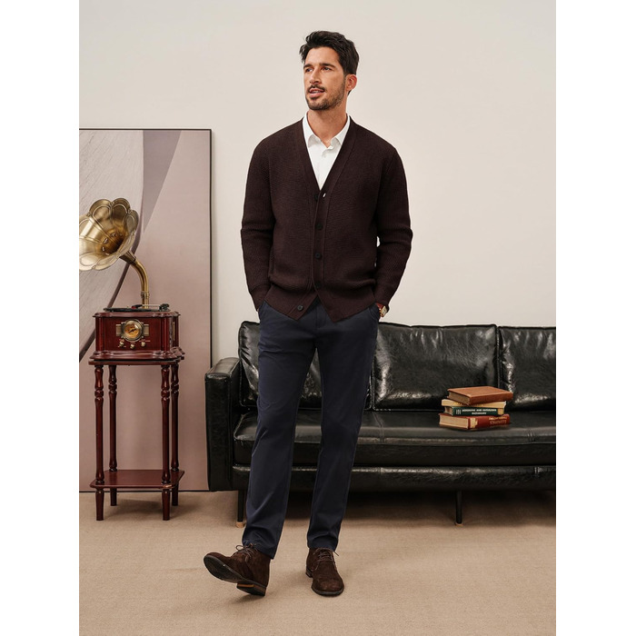Чоловічий в'язаний кардиган PJ PAUL JONES з вафельною в'язкою, довгі рукави, V-подібний виріз, на ґудзиках, колір кавово-коричневий (XXL)