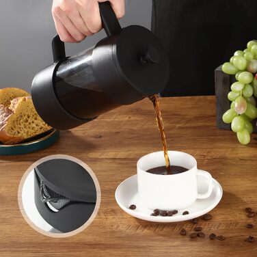 Френч-прес для кави 1000 мл, з нержавіючою сталлю, для приготування кави та чаю, з неслизькими ручками, для подорожей та як подарунок (Чорний)