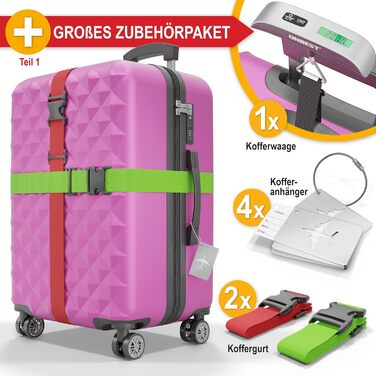 Преміум набір валіз 4 шт. – жорсткі валізи з TSA-замком, USB-порт – плюс ваги для валіз, ремені, адресники, тримач для напоїв, чохол для взуття, захисні чохли, рожевий