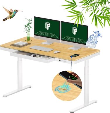 FLEXISPOT Electric Standing Desk with LED Display, Memory, USB & Drawer - 140x70cm Bamboo/White (with Qi Charging)