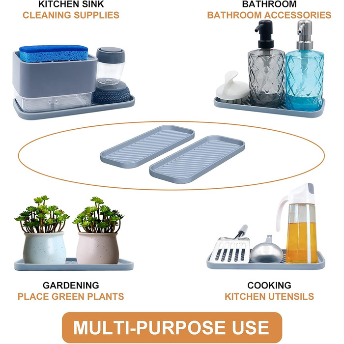 Стильний тримач для мила з силікону для раковини, органайзер для кухні, ванної, туалетного столика, столу, зберігання губки, мила, щітки, косметики, пляшок, довговічний, 2 шт. (23.5 x 9.5 x 1.4 см, Сірий)