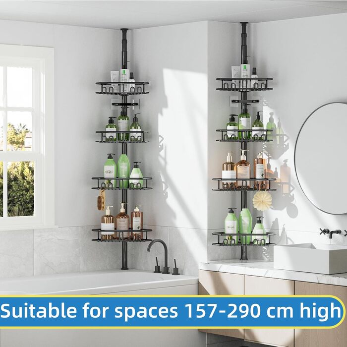 Bomclap Telescopic Shower Shelf, Metal Telescopic Rod Corner Shower Shelf with 4 Baskets, Telescopic Shelf Bathroom Shower Rack without Drilling for Bathtub and Bathroom, Height Adjustable 157-290cm, Black