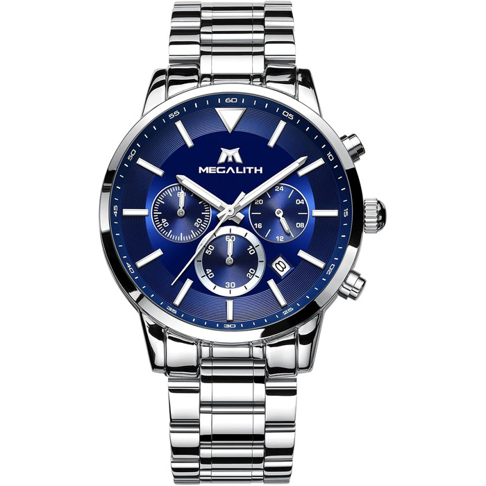 Чоловічий годинник MEGALITH з нержавіючої сталі, хронограф, водонепроникний, з великим циферблатом, датою, для роботи та відпочинку. Стильний подарунок для чоловіків (8345 Silver Blue)