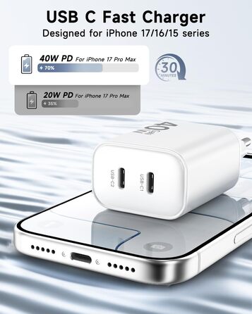 Зарядний пристрій USB-C 40W 2Port для iPhone 17 Pro Max/Pro/15 Plus, iPad Pro/Air, кабель 2м Orange