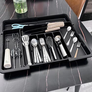 Органайзер для столових приборів в шухляду, розширюваний, чорний. Тримач для ложок, виделок, ножів. Регульований роздільник для кухонних ящиків