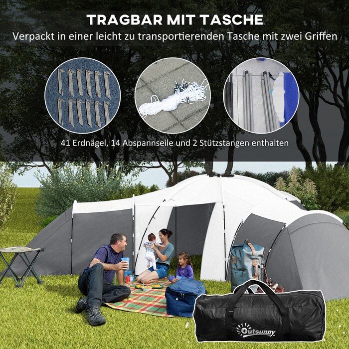 Намет Outsunny Tunnelzelt Campingzelt для 6-9 осіб з 3 спальнями, вітальнею та верандою, водовідштовхування 2000 мм, сірий
