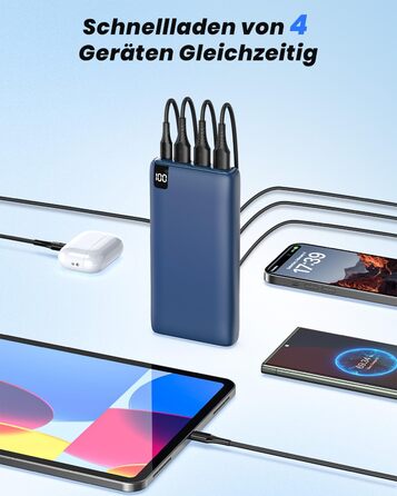 Power Bank Riapow 26800mAh з LED-дисплеєм, 4 виходи, USB-C, швидка зарядка 22.5W, блакитний