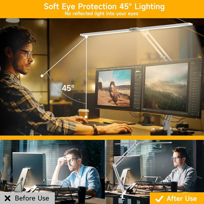 SKYLEO LED Desk Lamp with Dual Heads, Remote Control, Clamp-On, 2400 Lumens, 24W, 5 Color Temperature Modes, Timer & Memory, Easy Installation - For Office, Reading, 76cm Lamp Length with Clamp