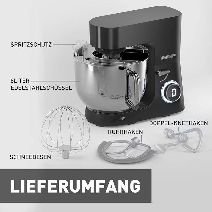 Кухонна машина Heinrichs 2500W з двома гаками для тіста, міксером та вінчиком, 8 швидкостей, чаша 7л з нержавіючої сталі, тиха, з титановим покриттям