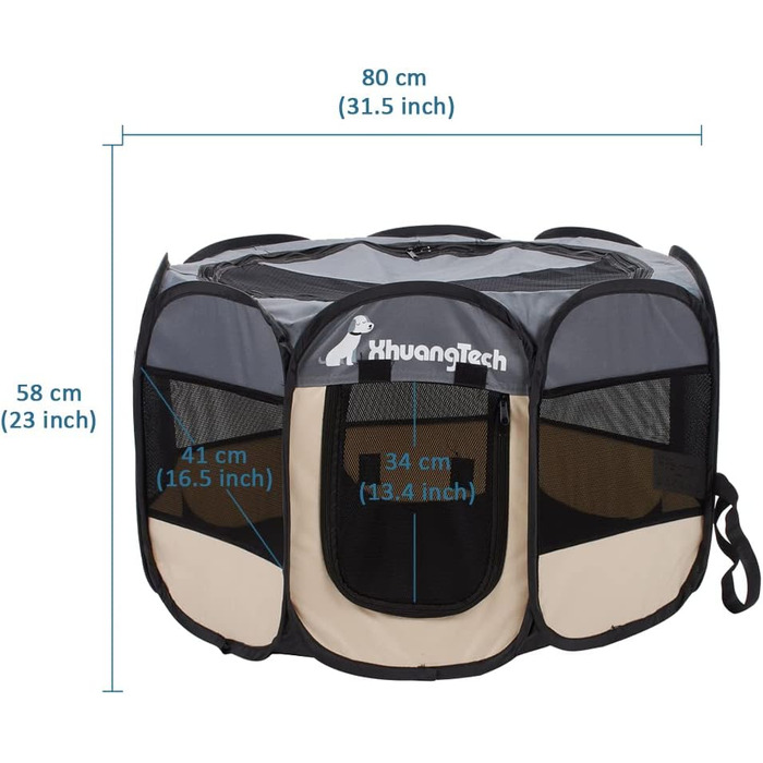 Клітка-манеж для тварин XhuangTech: собаки, коти, цуценята, 80x80x58,4 см, м'який матеріал, портативна, складана, для дому та вулиці, сірий та бежевий