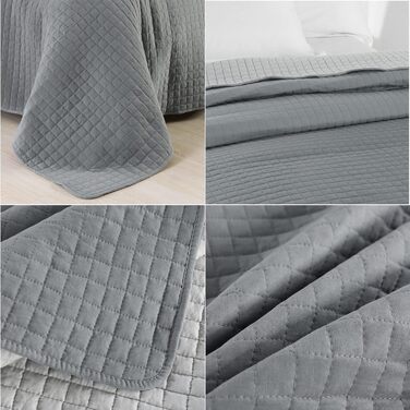 WOLTU Плед-плед для ліжка 170x210 см, стеганий плед з ефектом 2-в-1, Patchwork, перевернутий дизайн, в клітинку, сірий+світло-сірий, для двоспального ліжка