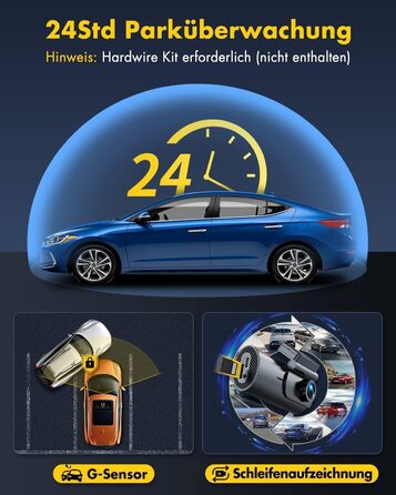 Відеореєстратор GKU Dashcam Auto: 4K+1080P, WiFi 2.4/5GHz, SD 64GB, Паркувальний режим, Нічне бачення, WDR, 170° Кут огляду, G-сенсор, Циклічна запис, Керування через APP, Чорний