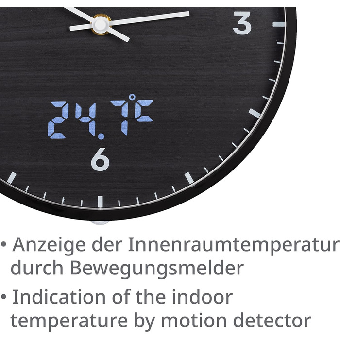 Bresser MyTime Radio-Controlled Wall Clock without Ticking Sounds, 24 cm Dial, LED Second Display, Indoor Temperature, and Silent Radio Clock Movement (Black)