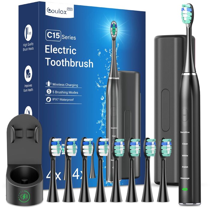 Електрична звукова зубна щітка для дорослих - відбілювання, ультразвукова, з кейсом для подорожей та зарядною станцією, 8 насадок, 5 режимів (Чорна)