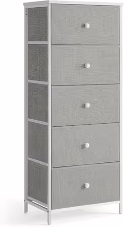 SONGMICS Chest of Drawers, Storage Cabinet with 4 Fabric Drawers, Metal Frame, Tall and Narrow, White-Oak Finish LTS314W57 (Pigeon Gray + Cream White, 29.8W x 45D x 112.3H cm (5 Drawers))
