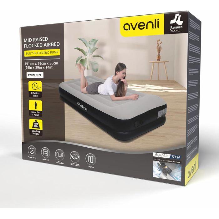 Надувний матрац-ліжко AVENLI для 2 осіб з інтегрованим насосом, флаокована поверхня, 191x99x36 см (для кемпінгу та дому)