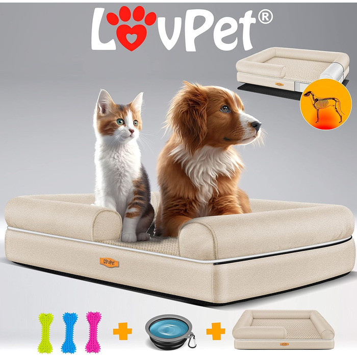 Orthopedic Dog Bed, Dog Cushion, Dog Basket, Relax, Incl. Bowl + 3x Chew Bones, Dog Sofa for Small, Medium & Large Dogs, Removable and Washable Cover, 91x71x22cm (XL (120 x 85 x 25 cm), Beige)