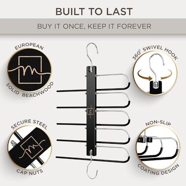 Дві дерев'яні вішалки для одягу Moralve: економія місця, для шафи, підійдуть для джинсів, шарфів, чорного кольору