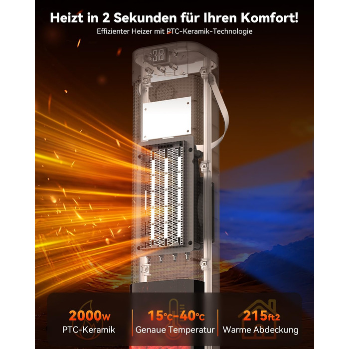 Електричний обігрівач PTC з керамічним нагрівачем, 2200W, з пульт дистанційного керування, 4 режими, таймер 12H, термостат, ECO-режим, осциляція 70°, захист від перегріву та перекидання, для дому та офісу (чорний, 65 см)