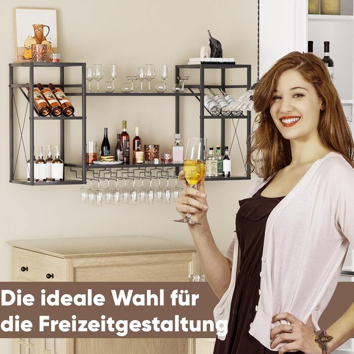 Настінна вітрина для вина UYOYOUS на 2 яруси з металу, 120 см, з 6 тримачами для келихів, барна вітрина для винних пляшок, підвісна вітрина для спиртних напоїв для дому, кухні, їдальні, ресторану, чорна