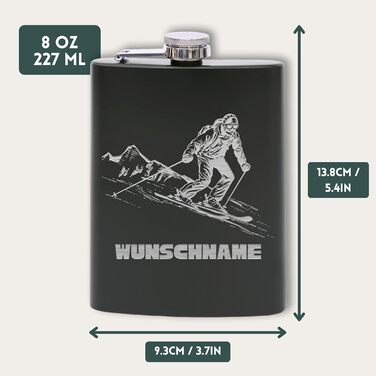 Фляга з нержавіючої сталі Flanacom з гравіюванням, 227мл / 8oz, для скі-гонщиків, персоналізована гравіюванням (дизайн 4, чорний)