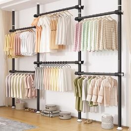 Телескопічна система для гардеробу, штанга для одягу з 6 штангами, телескопічний шафа для одягу з 2 гачками, регульована полиця 110-300 см, для дому та магазину одягу, білий (чорний)