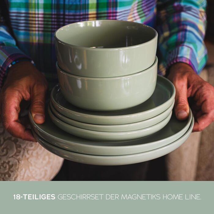 Набір посуду Feinsteinzeug на 6 осіб (18 предметів) — міцний, стійкий до подряпин, бежевий глянцевий | Столовий посуд, тарілки, миски — Magnetiks (Misty Mint, 18 предметів)