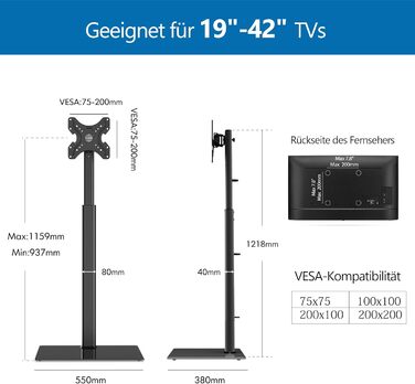FITUEYES Adjustable TV Stand - Swivel & Tilt Floor Stand for 19-42 inch Flat & Curved TVs (up to 35kg, VESA 200x200) - White/Black
