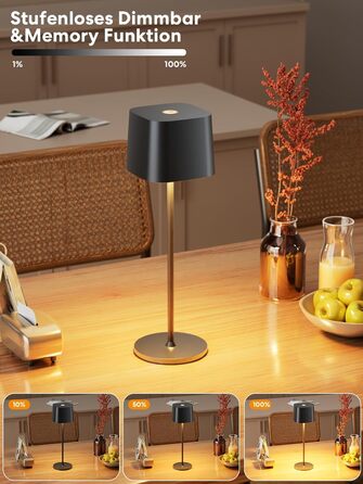 Акумуляторна настільна лампа LED бездротова з USB-C, 3 кольори світла (3000-6000K), диммується, водонепроникна IP54, алюмінієва (Сіра)