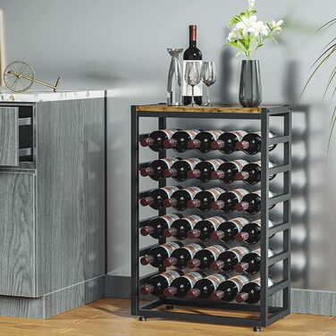 Dripex Wine Rack for 30 Bottles, Bottle Shelf with 6 Tiers, Vintage Metal Wine Stand for Cellar, Bar, and Storage Room, Bottle Holder with Tabletop 59 x 30 x 88 cm, Vintage Brown-Black